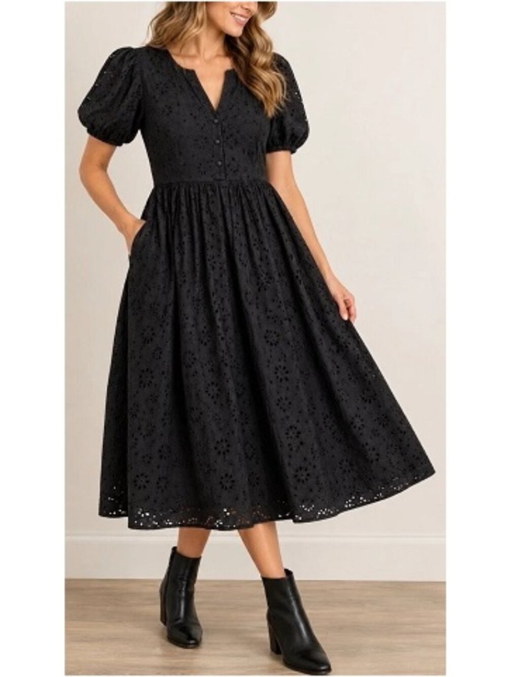 J.Crew Women's Eyelet Puff-Sleeve Midi Dress in Black, Size 4
